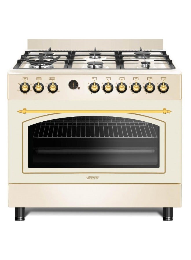 جينيرال جولد موقد غاز قائم من General Gold بمقاس 90x60 سم، 6 شعلات مع شعلتي ووك، فرن غاز وشواية بباب زجاجي ثلاثي، موقد ثقيل التحمل بميزة الإشعال التلقائي، نظام أمان كامل (FFD)، وشواية دوّارة مع مروحة تبريد - Image 1