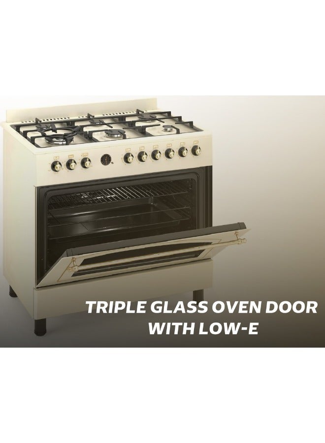 جينيرال جولد موقد غاز قائم من General Gold بمقاس 90x60 سم، 6 شعلات مع شعلتي ووك، فرن غاز وشواية بباب زجاجي ثلاثي، موقد ثقيل التحمل بميزة الإشعال التلقائي، نظام أمان كامل (FFD)، وشواية دوّارة مع مروحة تبريد - Image 4