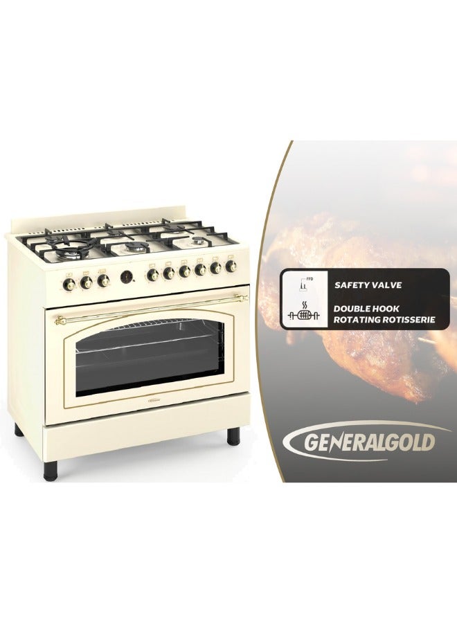 جينيرال جولد موقد غاز قائم من General Gold بمقاس 90x60 سم، 6 شعلات مع شعلتي ووك، فرن غاز وشواية بباب زجاجي ثلاثي، موقد ثقيل التحمل بميزة الإشعال التلقائي، نظام أمان كامل (FFD)، وشواية دوّارة مع مروحة تبريد - Image 5