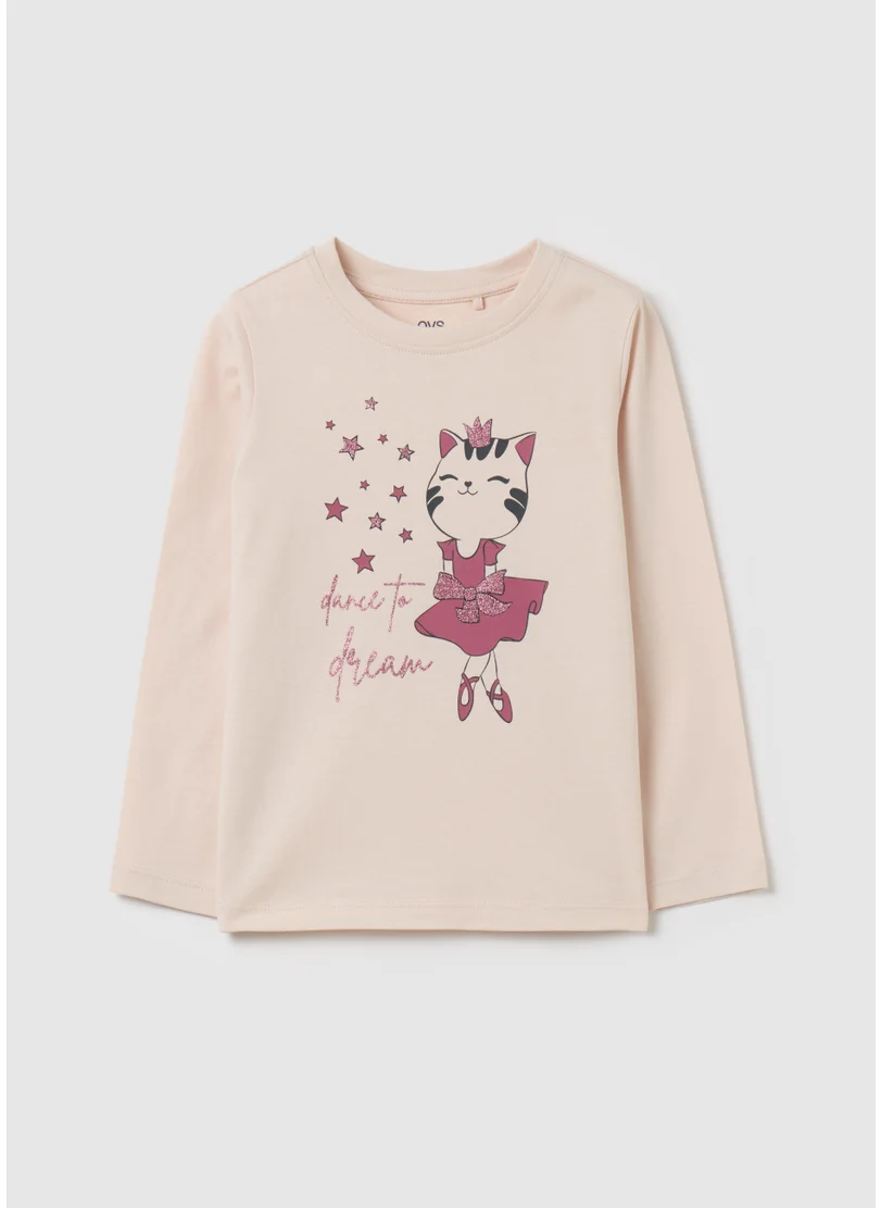 Ovs T-shirt with glitter print and long sleeves
