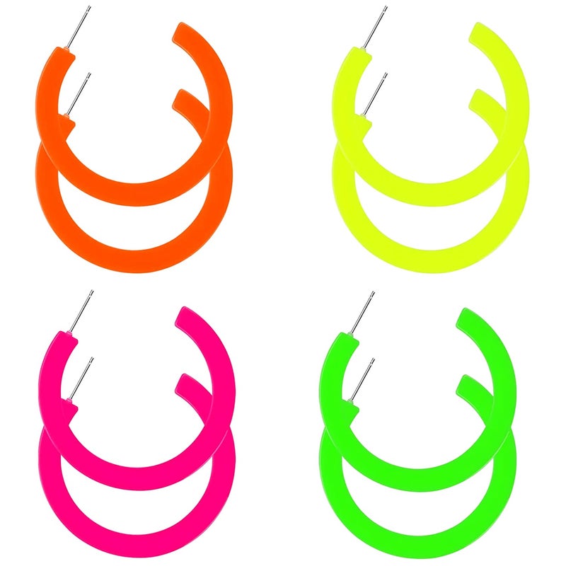 JELIEE 4 Pairs 80S Candy Color Acrylic Neon Round Earrings for Women Retro Colorful Hoop Stud Earrings Pendant for 80S Costume Dancing Party Accessory - Image 1