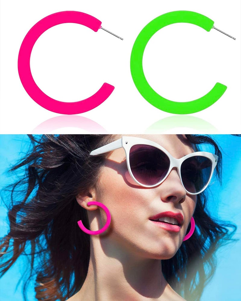 JELIEE 4 Pairs 80S Candy Color Acrylic Neon Round Earrings for Women Retro Colorful Hoop Stud Earrings Pendant for 80S Costume Dancing Party Accessory - Image 4