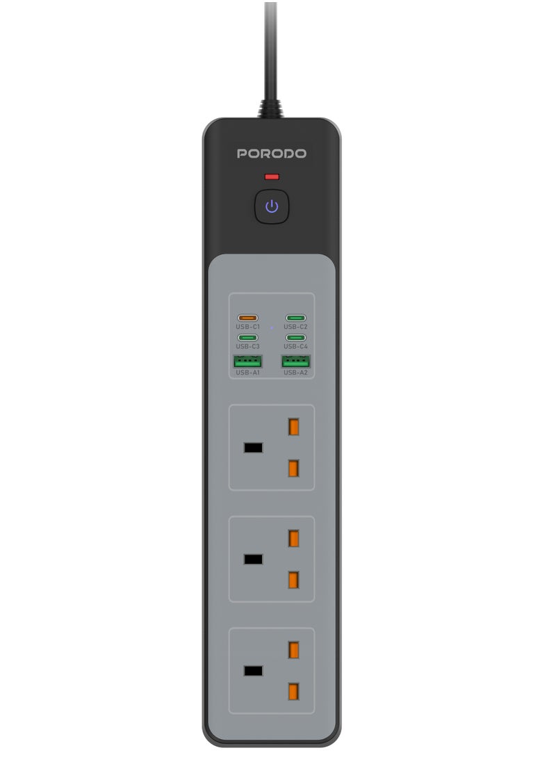 porodo Power Strip 3AC Sockets 3000W Power | 45WDC /4 USB-C | 2 USB-A / 3M UK Plug / Safety Power Switch/ Built-In Safeguards / Workspace or Household Power Socket - Black  - Image 1