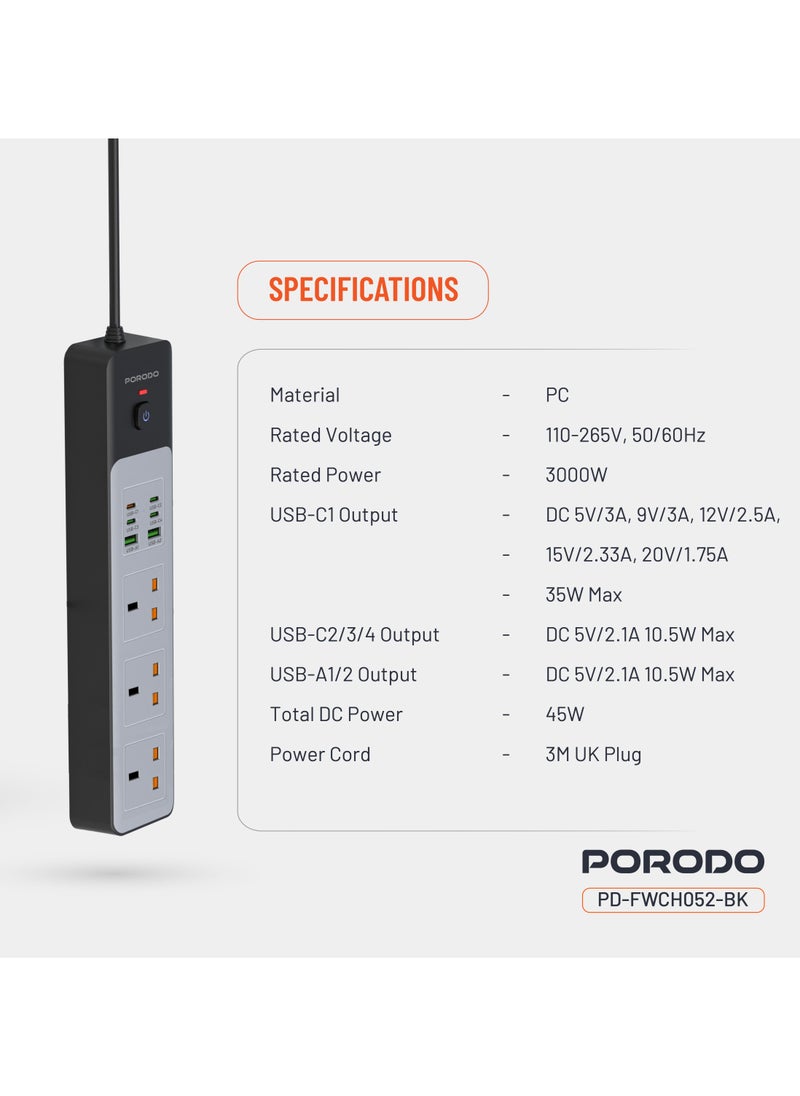 porodo Power Strip 3AC Sockets 3000W Power | 45WDC /4 USB-C | 2 USB-A / 3M UK Plug / Safety Power Switch/ Built-In Safeguards / Workspace or Household Power Socket - Black  - Image 5
