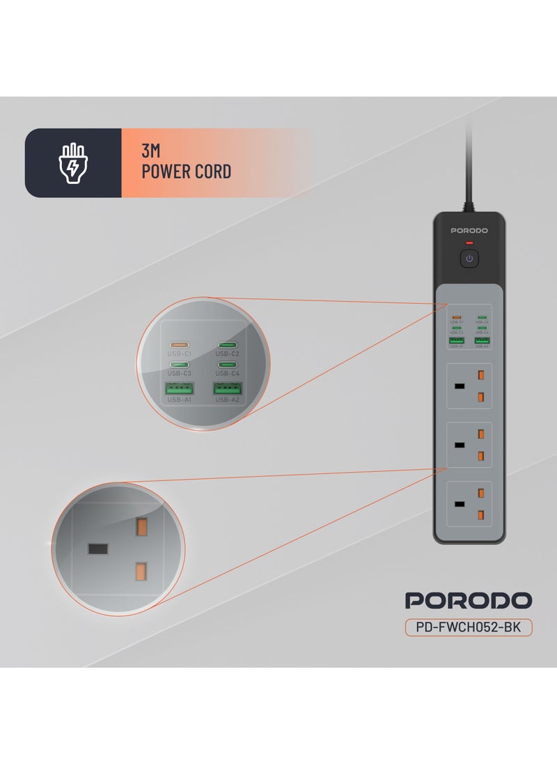 porodo Power Strip 3AC Sockets 3000W Power | 45WDC /4 USB-C | 2 USB-A / 3M UK Plug / Safety Power Switch/ Built-In Safeguards / Workspace or Household Power Socket - Black  - Image 4
