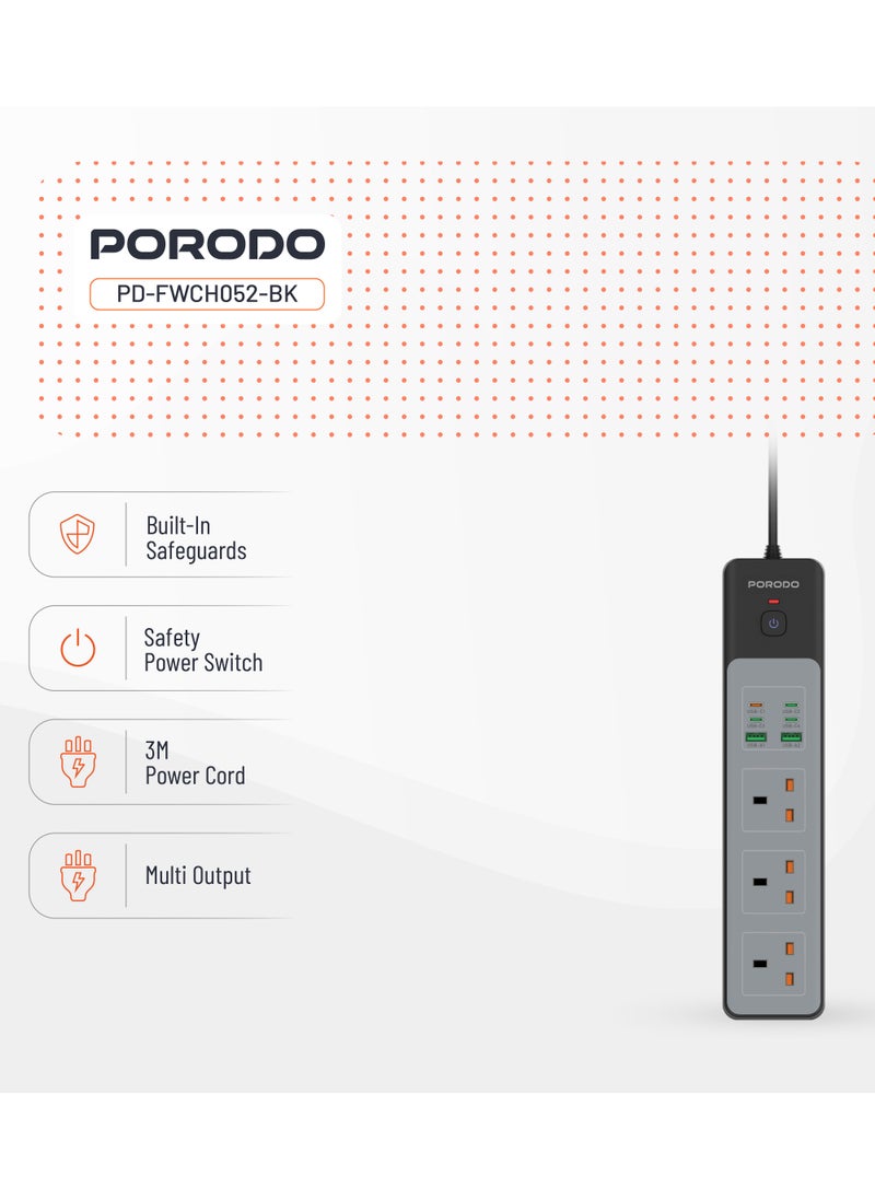 porodo Power Strip 3AC Sockets 3000W Power | 45WDC /4 USB-C | 2 USB-A / 3M UK Plug / Safety Power Switch/ Built-In Safeguards / Workspace or Household Power Socket - Black  - Image 2