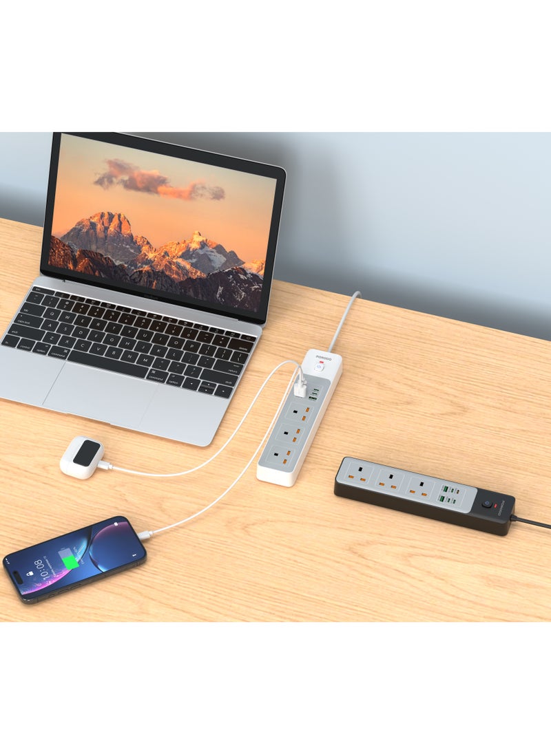 Power Strip 3AC Sockets 3000W Power | 45WDC /4 USB-C | 2 USB-A / 3M UK Plug / Safety Power Switch/ Built-In Safeguards / Workspace or Household Power Socket - Black