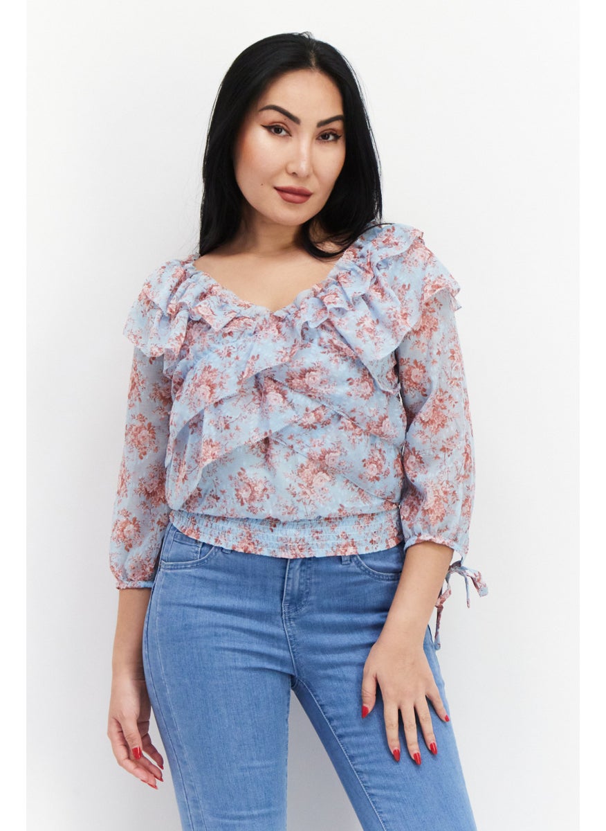 Women V-Neck 3/4 Sleeves Floral Pattern Crop Top, Blue - pzsku/Z0B566D29033963AEC4B7Z/45/_/1724350971/46919348-c5eb-4000-913e-fc15a983ff02