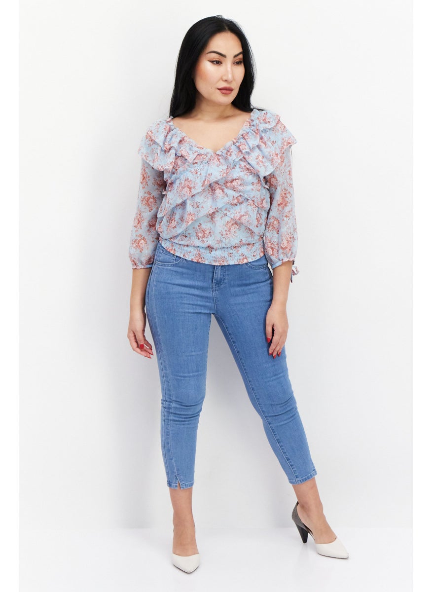 Women V-Neck 3/4 Sleeves Floral Pattern Crop Top, Blue - pzsku/Z0B566D29033963AEC4B7Z/45/_/1724350973/978b4c29-9319-4b91-ab84-57f2646fd98d