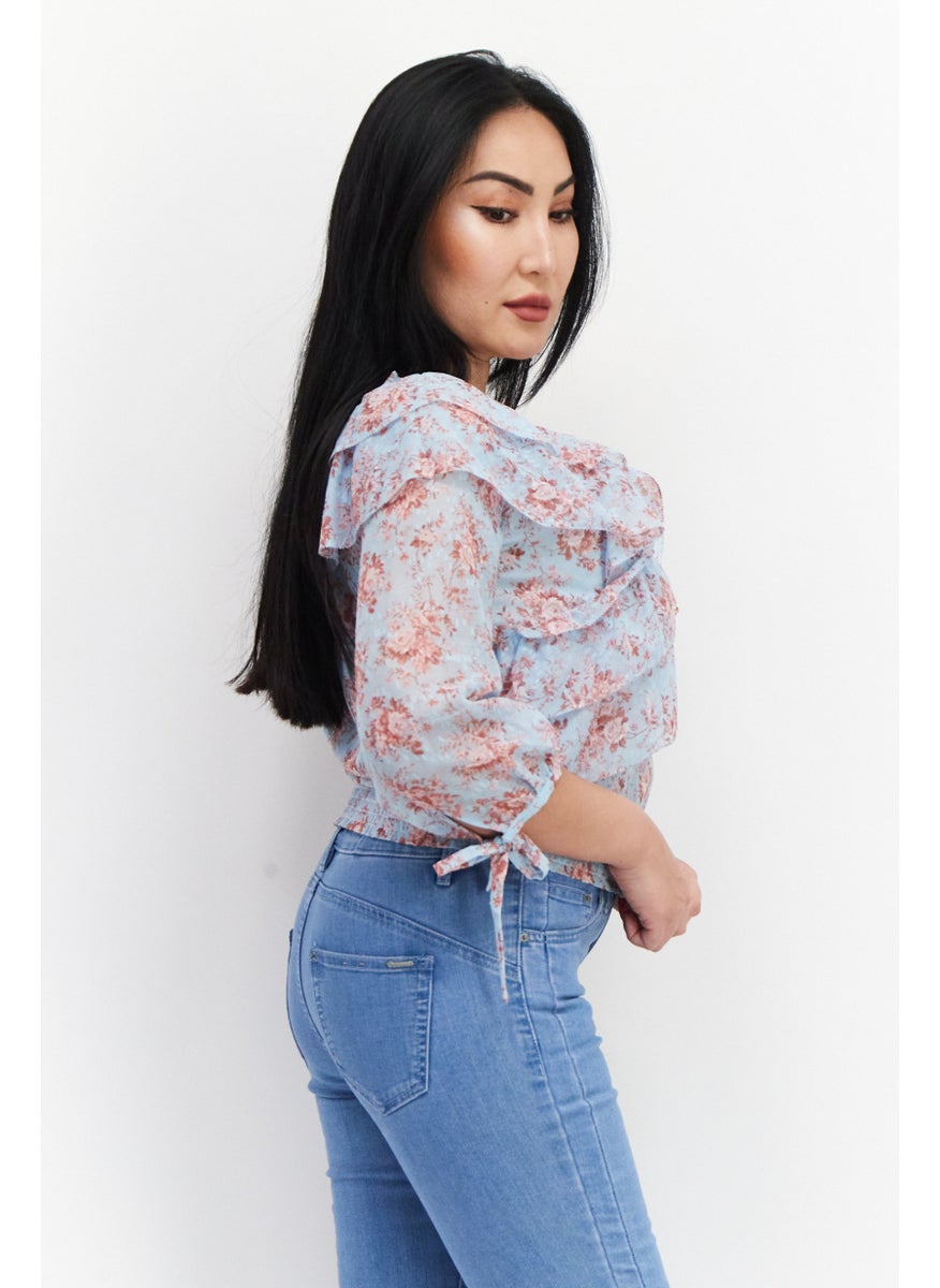 Women V-Neck 3/4 Sleeves Floral Pattern Crop Top, Blue - pzsku/Z0B566D29033963AEC4B7Z/45/_/1724350974/aae2af9a-5e4a-4bbe-8e43-65e68f0d1fc4