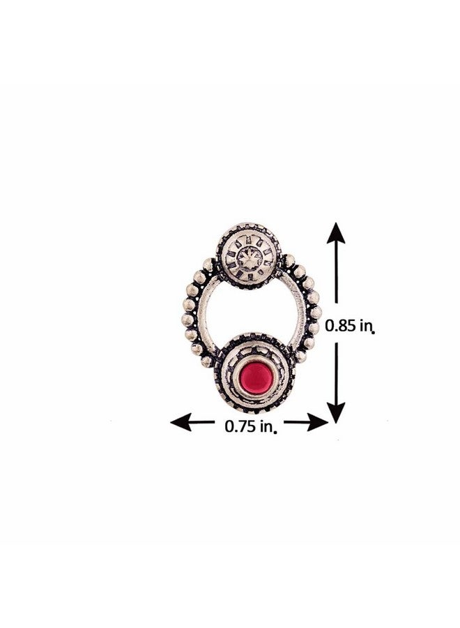 Voylla Oxidised Silver Brass Round Ethnic Statement Earrings with Pink Stone for Women and Girls - Image 5