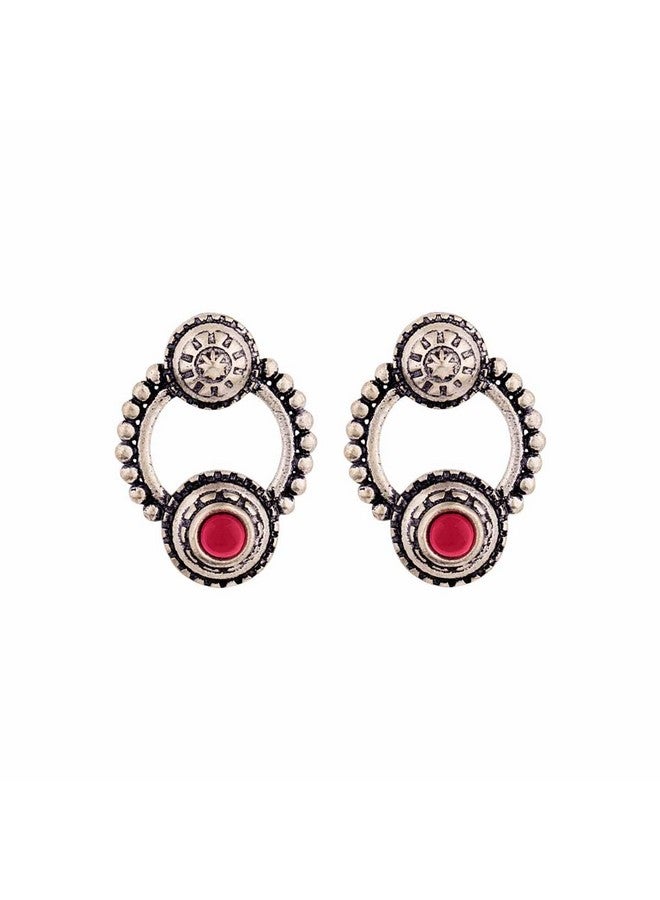 Voylla Oxidised Silver Brass Round Ethnic Statement Earrings with Pink Stone for Women and Girls - Image 1