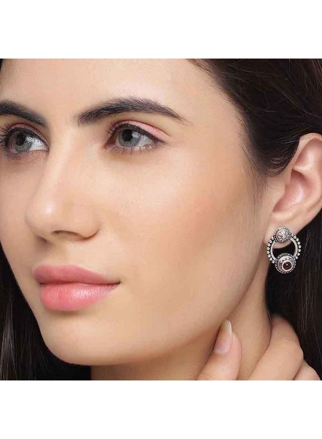 Voylla Oxidised Silver Brass Round Ethnic Statement Earrings with Pink Stone for Women and Girls - Image 3