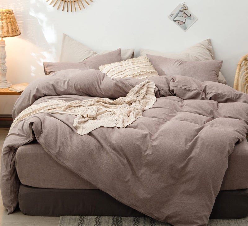 Moomee MooMee Bedding Duvet Cover Set 100 Washed Cotton Linen Like Textured Breathable Durable Soft Comfy Heathered Mauve Brown Full 80x90
