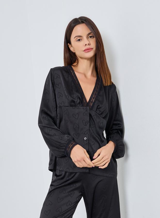 Styli Satin Heart Jacquard Buttoned Shirt and Pyjama Set - Image 2