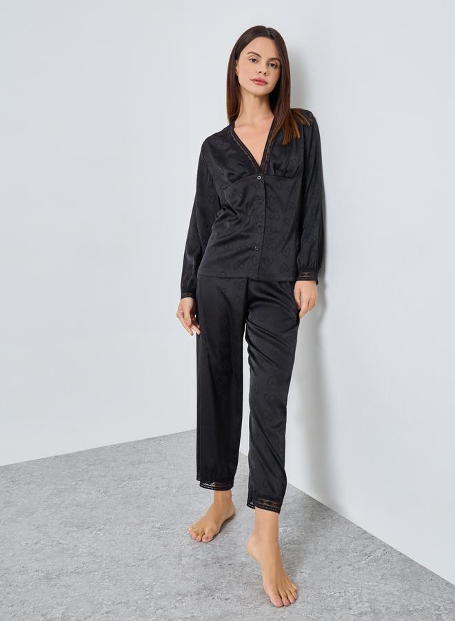 Styli Satin Heart Jacquard Buttoned Shirt and Pyjama Set - Image 1