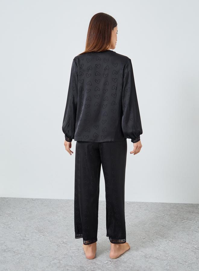 Styli Satin Heart Jacquard Buttoned Shirt and Pyjama Set - Image 5