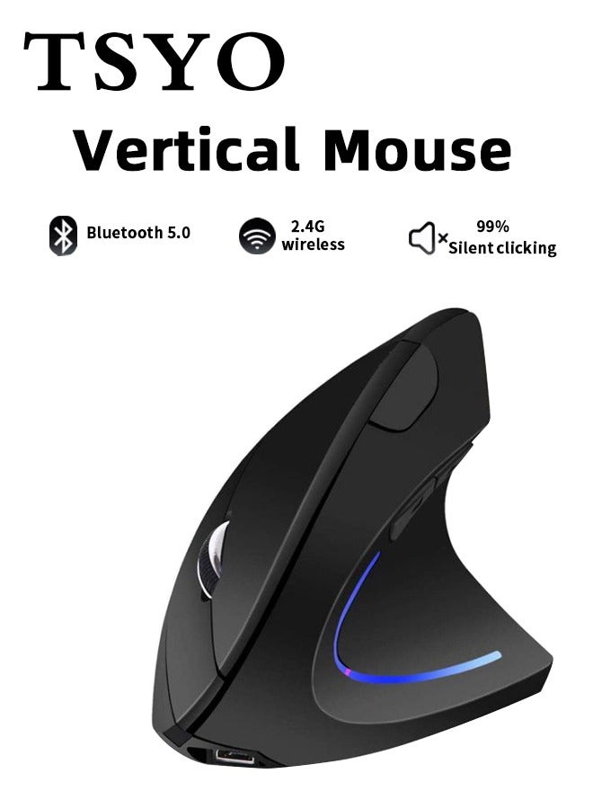 TSYO Vertical ergonomic adjustable DPI mouse, Bluetooth, wireless mouse with USB receiver, quiet click, 6 buttons suitable for laptops, desktops, PCs, Macbooks, black - Image 1