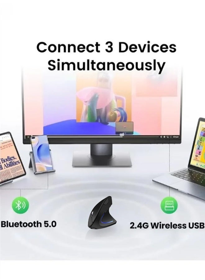 TSYO Vertical ergonomic adjustable DPI mouse, Bluetooth, wireless mouse with USB receiver, quiet click, 6 buttons suitable for laptops, desktops, PCs, Macbooks, black - Image 3