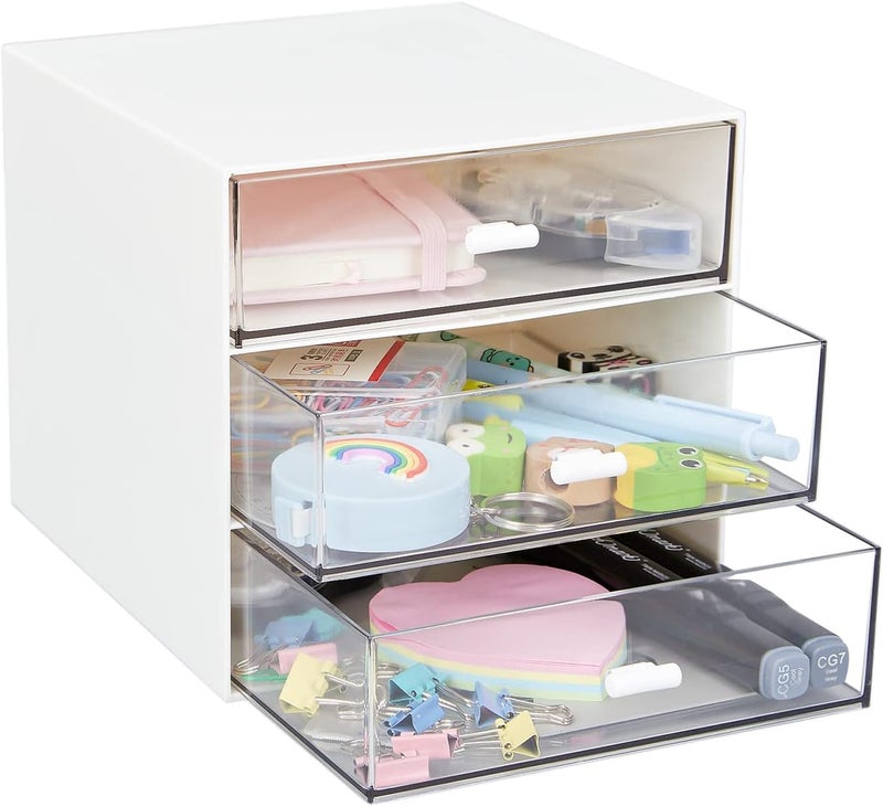LETURE Desk Organizer with 3 Drawers, Clear Plastic Desk Storage Box, Desktop Organization for Office Supplies, Gel Pens, Pencils, Markers, Tape, Erasers, Paperclips, Chargers (White-3 Draws) - Image 4
