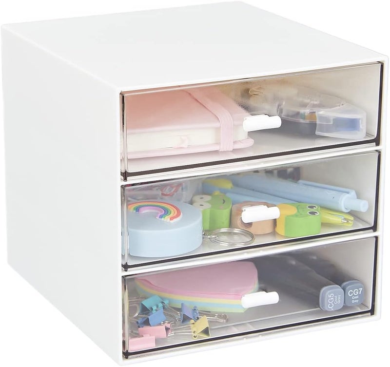 LETURE Desk Organizer with 3 Drawers, Clear Plastic Desk Storage Box, Desktop Organization for Office Supplies, Gel Pens, Pencils, Markers, Tape, Erasers, Paperclips, Chargers (White-3 Draws) - Image 1