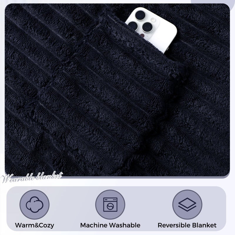 Tegeme Wearable Blanket Poncho for Women Sherpa Shawl with Pockets Hood Cozy for Mom Girlfriend Wife Female(Navy Blue) - Image 3