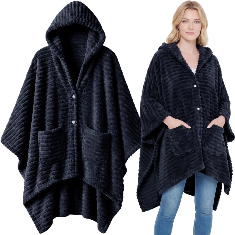 Tegeme Wearable Blanket Poncho for Women Sherpa Shawl with Pockets Hood Cozy for Mom Girlfriend Wife Female(Navy Blue) - Image 1