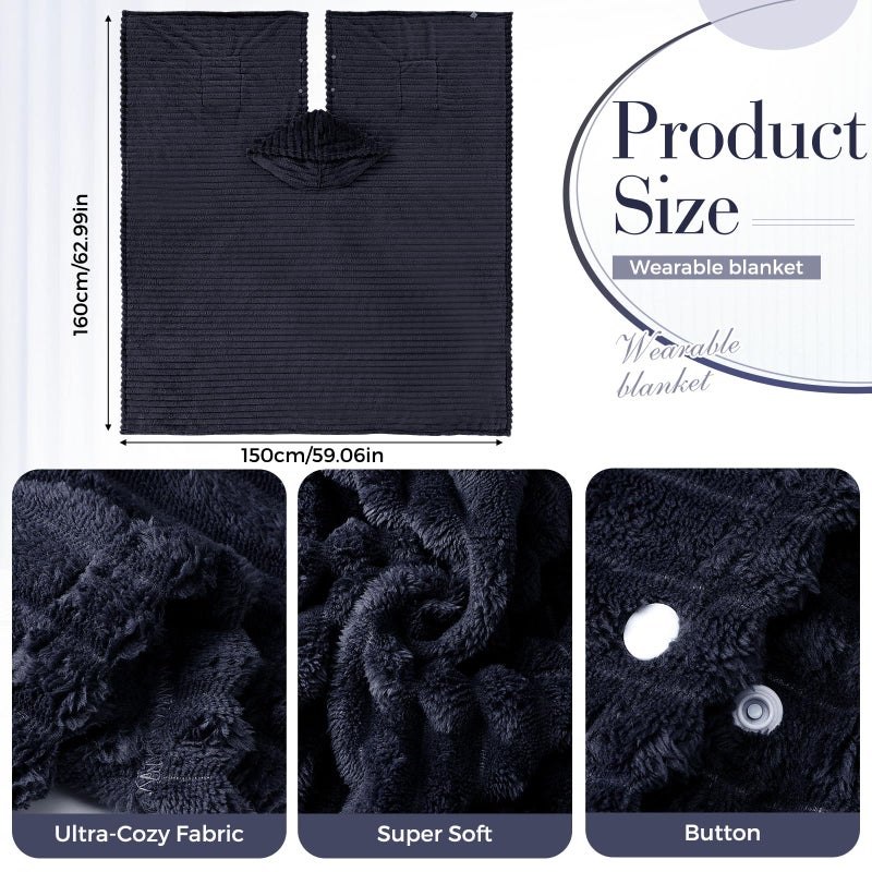Tegeme Wearable Blanket Poncho for Women Sherpa Shawl with Pockets Hood Cozy for Mom Girlfriend Wife Female(Navy Blue) - Image 2
