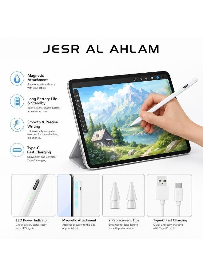 JESR AL AHLAM Stylus Pen for All iPad, Tablet & Mobile Devices – Rechargeable 1.2mm Fine Point Active Stylus Pencil with Palm Rejection, Magnetic USB Charging & High Precision for Drawing, Writing & Note Taking – Compatible with iPad Pro 11/12.9, iPad 10/9/8/7/6, Air 5/4/3, Mini 6/5 and Most Touchscreen Electronic Gadgets (White) - Image 2