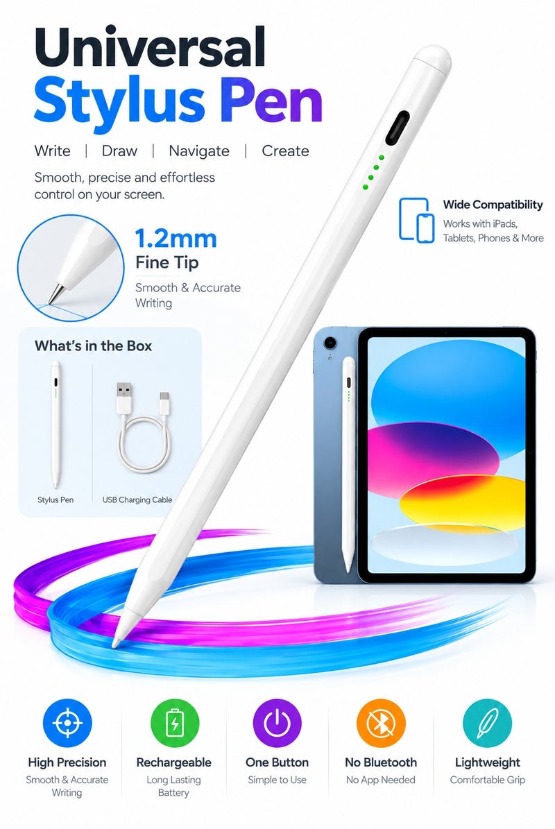 JESR AL AHLAM Stylus Pen for All iPad, Tablet & Mobile Devices – Rechargeable 1.2mm Fine Point Active Stylus Pencil with Palm Rejection, Magnetic USB Charging & High Precision for Drawing, Writing & Note Taking – Compatible with iPad Pro 11/12.9, iPad 10/9/8/7/6, Air 5/4/3, Mini 6/5 and Most Touchscreen Electronic Gadgets (White) - Image 1