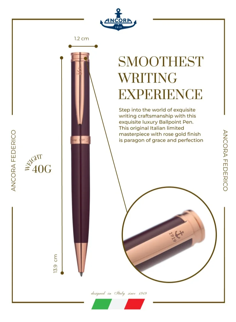 Ancora 1919 Federico Limited Edition Refillable Ballpoint Pen - Engraved Luxury Pen with Leather Box - Smooth Writing - Gift for Men & Women -Blue Ink