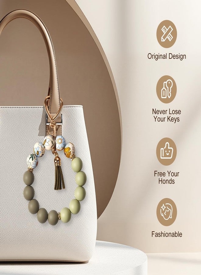 Weixiltc Silicone Bead Keychain Wristlet for Women, Charm Bracelet Key Chains, Car Key Rings Holder for Girls (Flower Gray Green) - Image 3