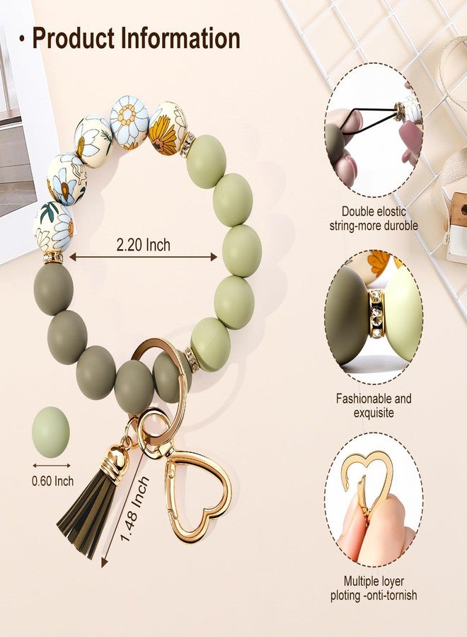Weixiltc Silicone Bead Keychain Wristlet for Women, Charm Bracelet Key Chains, Car Key Rings Holder for Girls (Flower Gray Green) - Image 2