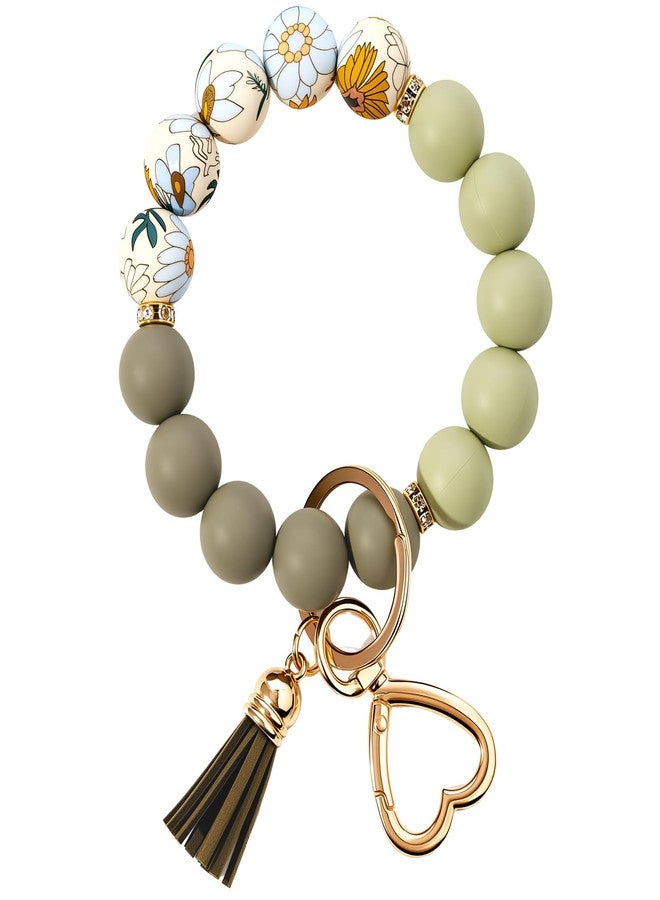 Weixiltc Silicone Bead Keychain Wristlet for Women, Charm Bracelet Key Chains, Car Key Rings Holder for Girls (Flower Gray Green) - Image 1