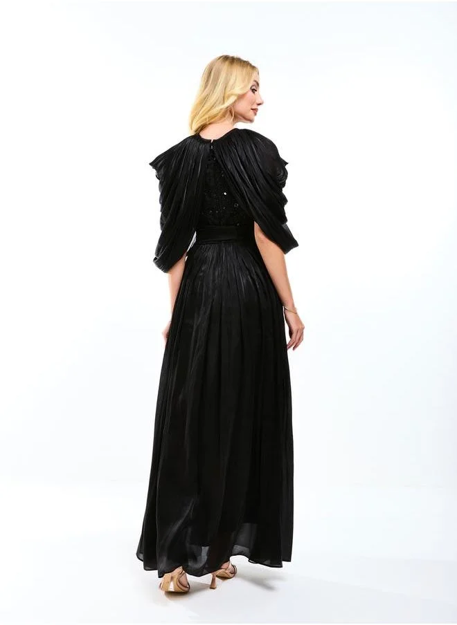 هاوس اوف مودا Draped Cape Sleeve Embellished Bodice A-Line Maxi Dress by Styli