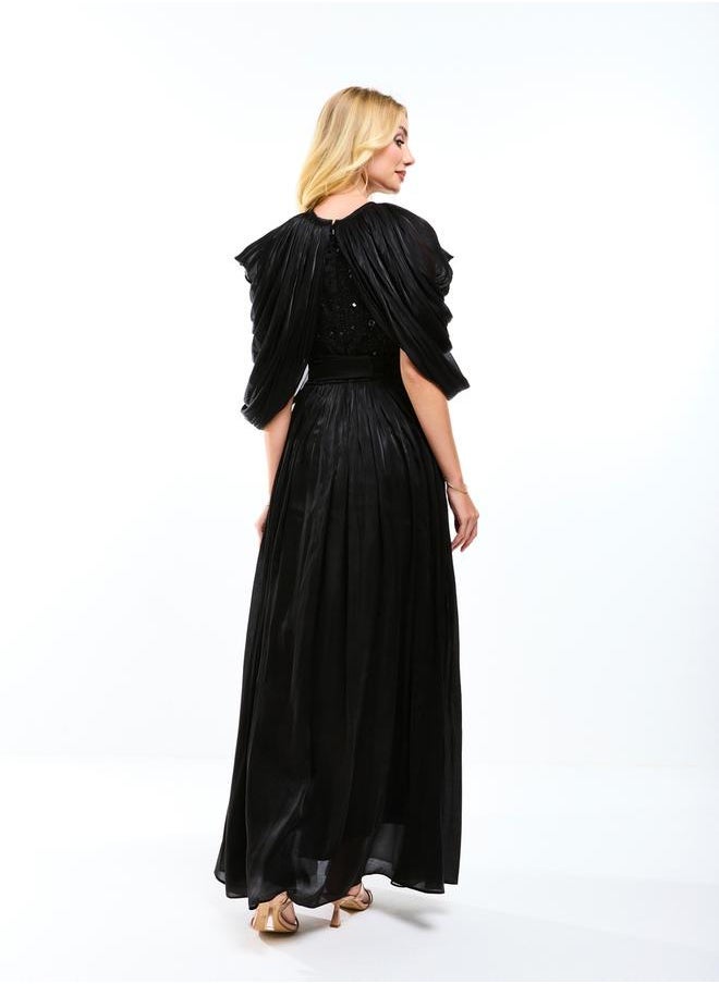 House of Moda House of Moda Draped Cape Sleeve Embellished Bodice A-Line Maxi Dress - Image 2