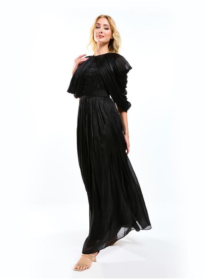 House of Moda House of Moda Draped Cape Sleeve Embellished Bodice A-Line Maxi Dress - Image 1
