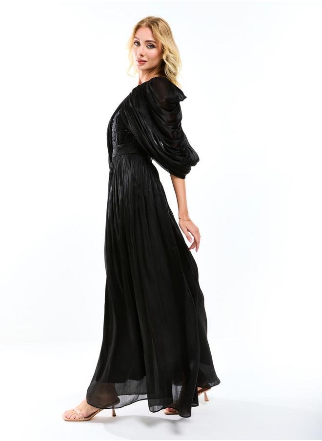 House of Moda House of Moda Draped Cape Sleeve Embellished Bodice A-Line Maxi Dress - Image 4