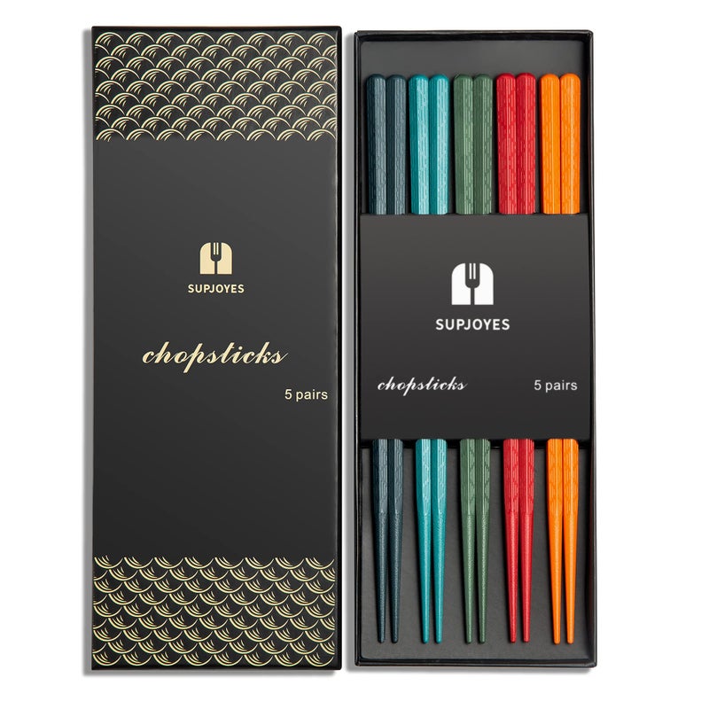 SUPJOYES 5Pairs Colorful Reusable Chopsticks Japanese Chinese Fiberglass Chopsticks Dishwasher Safe Japanese Stick Gift Set with Gift Box NonSlip Chop Sticks