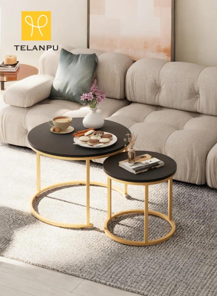 TELANPU Nesting Coffee Tables, Set of 2 Modern Round Stacking End Tables with Gold Metal Frame & Faux Marble Top, Space-Saving Side Tables for Living Room, Bedroom, Black - Image 1