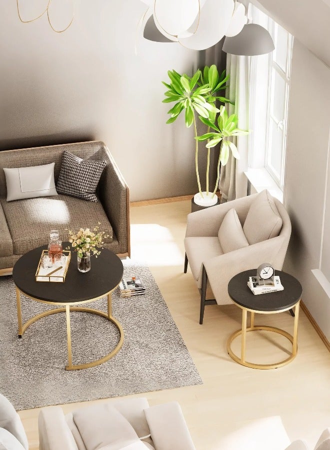 TELANPU Nesting Coffee Tables, Set of 2 Modern Round Stacking End Tables with Gold Metal Frame & Faux Marble Top, Space-Saving Side Tables for Living Room, Bedroom, Black - Image 5