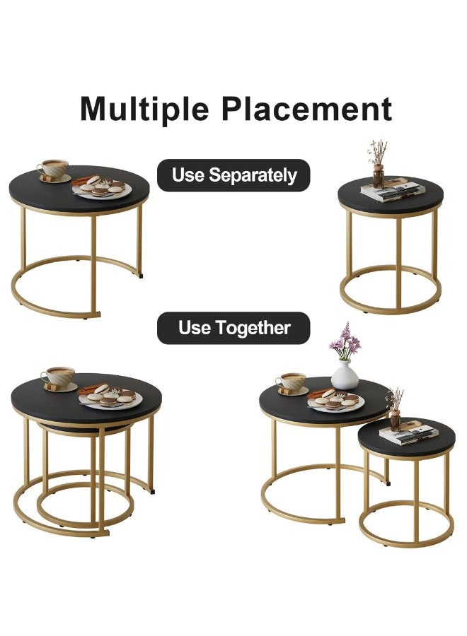 TELANPU Nesting Coffee Tables, Set of 2 Modern Round Stacking End Tables with Gold Metal Frame & Faux Marble Top, Space-Saving Side Tables for Living Room, Bedroom, Black - Image 3
