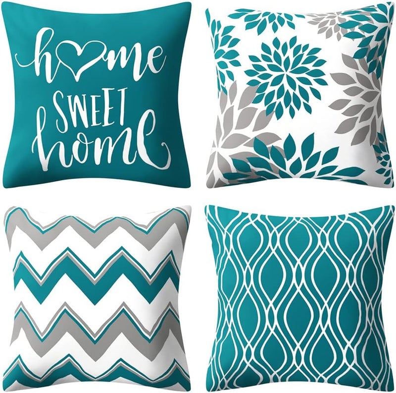 Drmstow Set of 4 Teal Blue Pillow Covers 18x18 Inch Turquoise Decorative Throw Pillow Covers Cushion Case for Sofa Couch Outdoor Patio Furniture Home Farmhouse Decor - Image 1