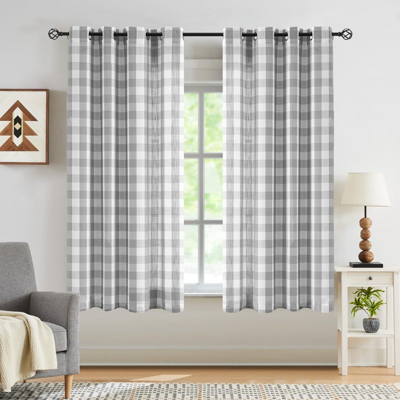 Jubilantex Grey White Buffalo Check Semi Sheer Curtain Panels Gingham Plaid Textured Curtains DraperyFarmhouse Grommet Window Drapes for Living Room Bedroom Kids Room2 Panels40x63