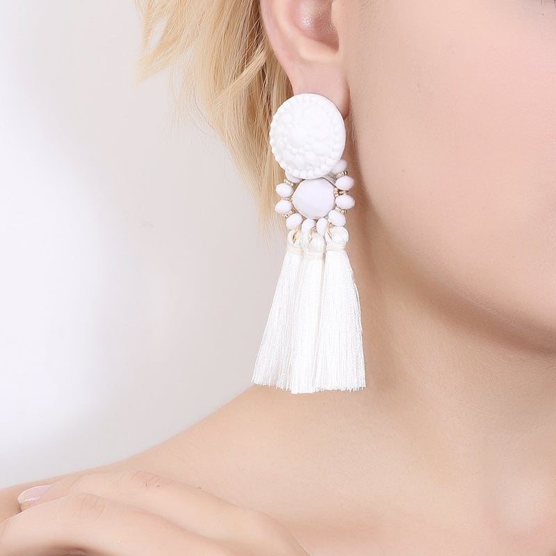 Boderier Bohemian Statement Thread Tassel Chandelier Drop Dangle Earrings with Cassandra Button Stud (White) - Image 3