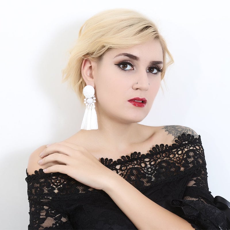 Boderier Bohemian Statement Thread Tassel Chandelier Drop Dangle Earrings with Cassandra Button Stud (White) - Image 2