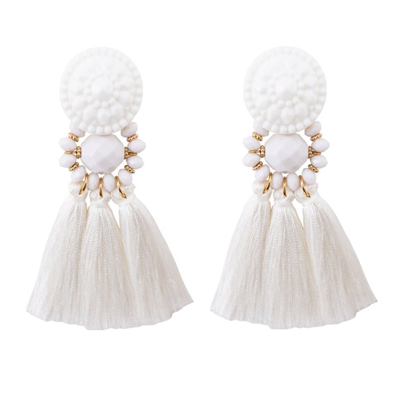 Boderier Bohemian Statement Thread Tassel Chandelier Drop Dangle Earrings with Cassandra Button Stud (White) - Image 1