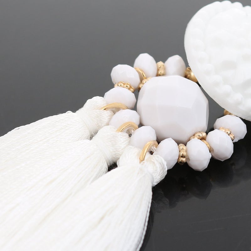 Boderier Bohemian Statement Thread Tassel Chandelier Drop Dangle Earrings with Cassandra Button Stud (White) - Image 5