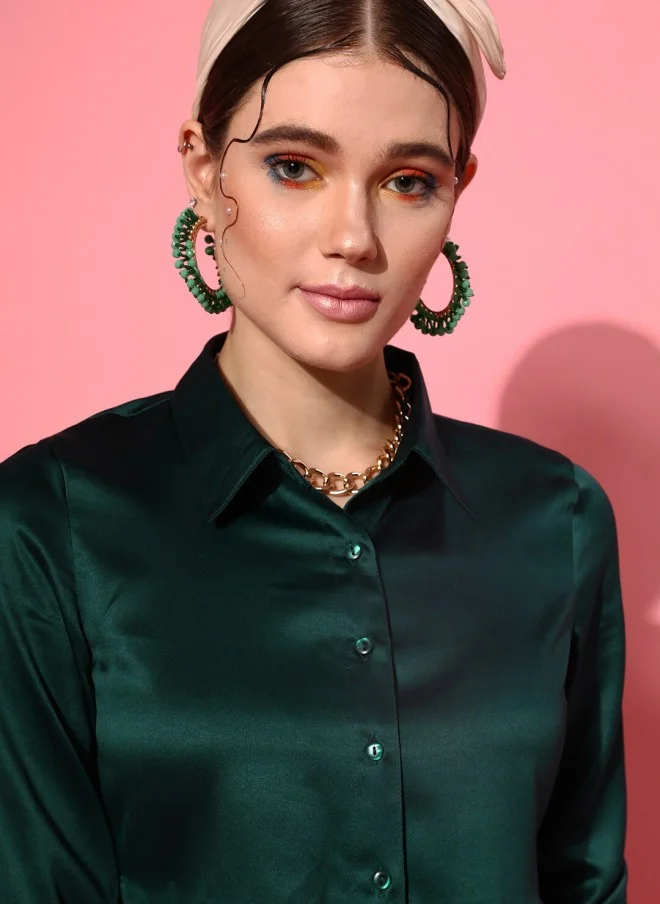 STREET 9 Green Satin Shirt Style Top for Women