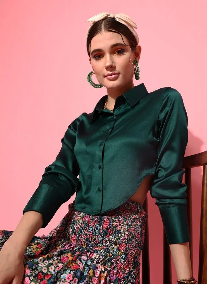 STREET 9 Green Satin Shirt Style Top for Women
